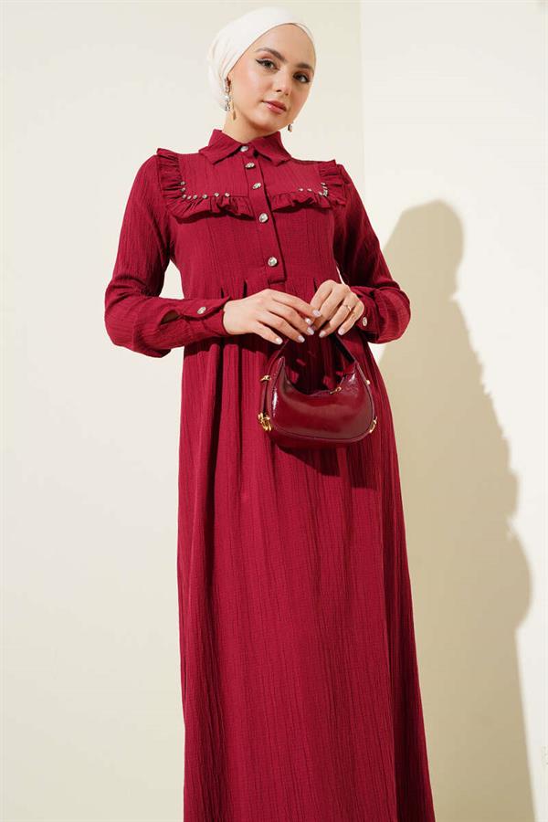 Collar Stone Ruffle Dress Burgundy