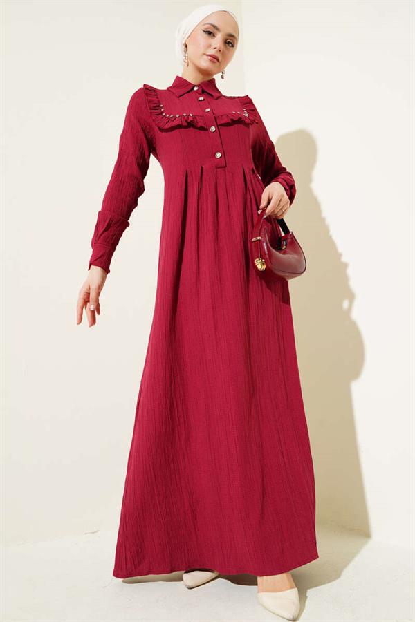 Collar Stone Ruffle Dress Burgundy