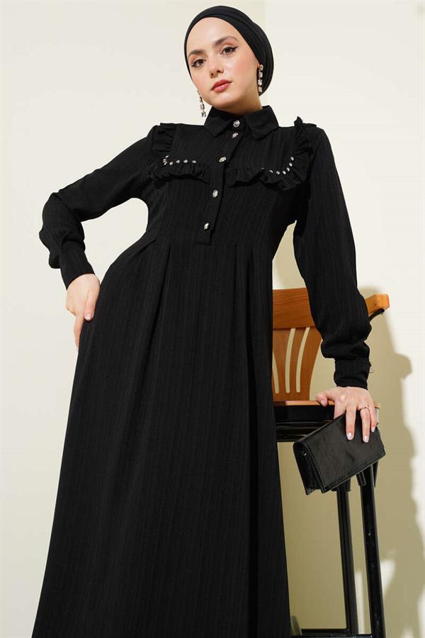 Ruffle Dress with Stone Collar Black