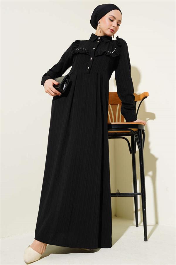 Ruffle Dress with Stone Collar Black