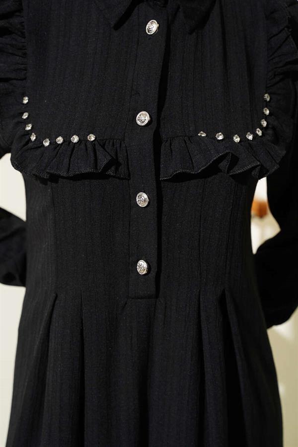 Ruffle Dress with Stone Collar Black