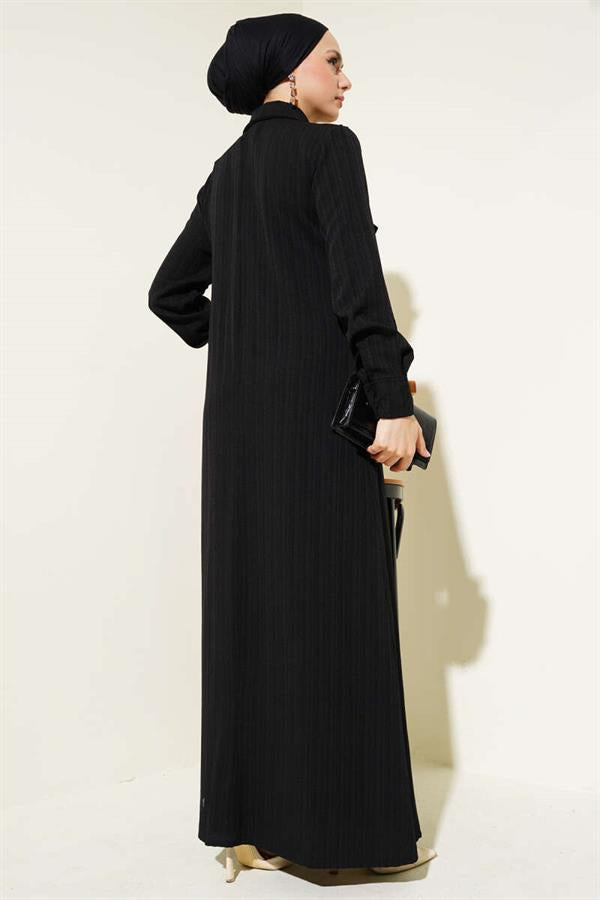 Ruffle Dress with Stone Collar Black