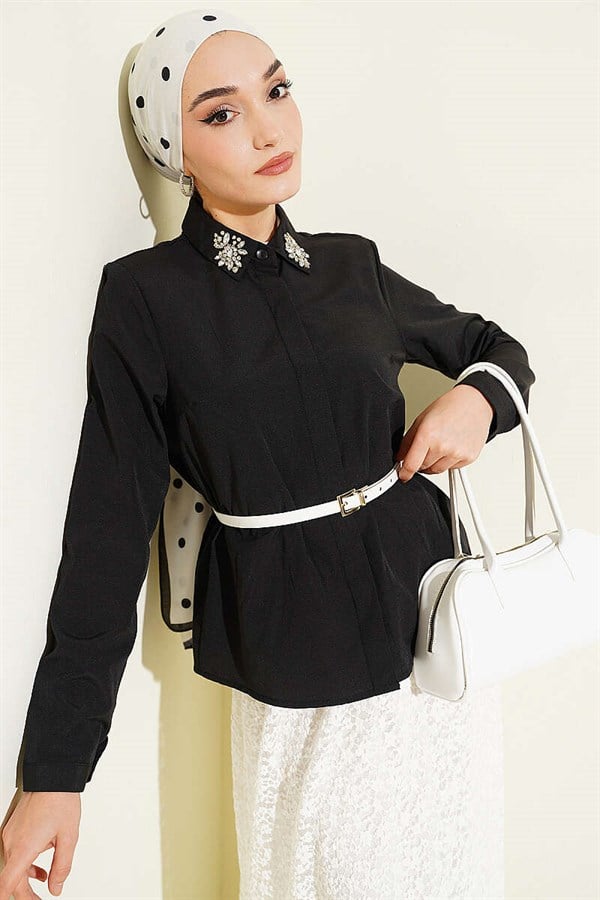 Black Short Shirt with Embellished Collar