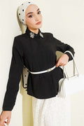 Black Short Shirt with Embellished Collar