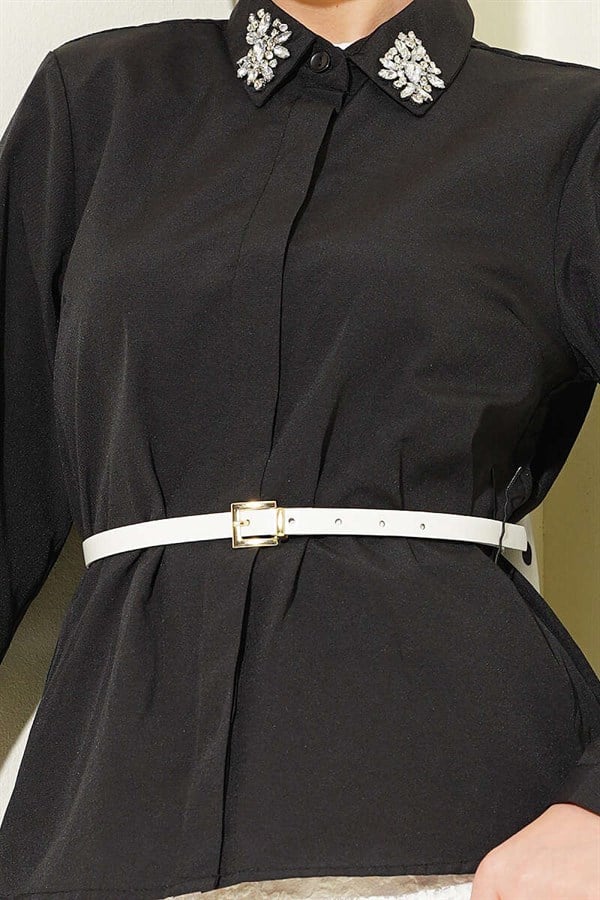 Black Short Shirt with Embellished Collar
