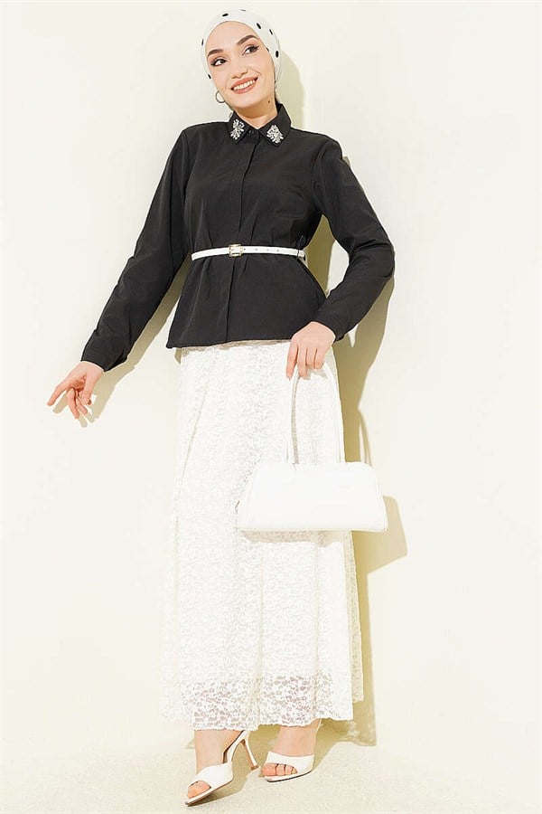 Black Short Shirt with Embellished Collar