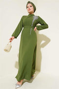 Stone Collar Belted Dress Khaki