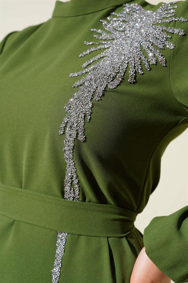 Stone Collar Belted Dress Khaki
