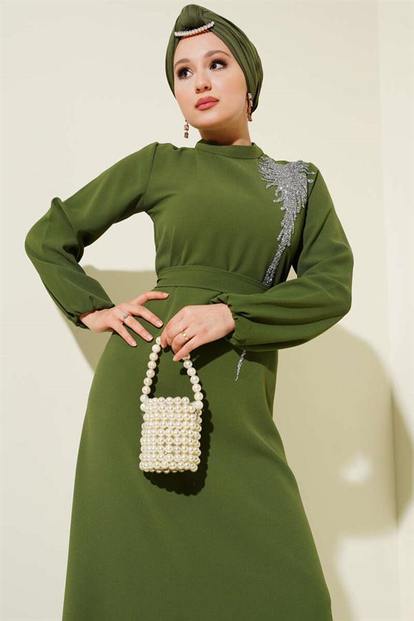 Stone Collar Belted Dress Khaki