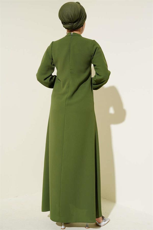 Stone Collar Belted Dress Khaki