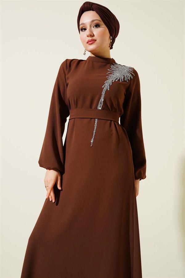 Stone Collar Belted Dress Brown