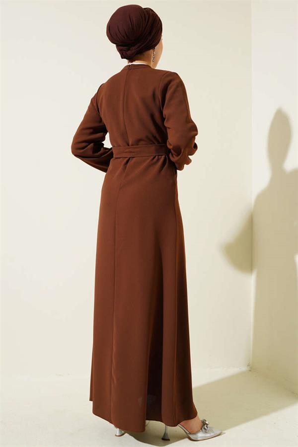 Stone Collar Belted Dress Brown