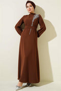 Stone Collar Belted Dress Brown