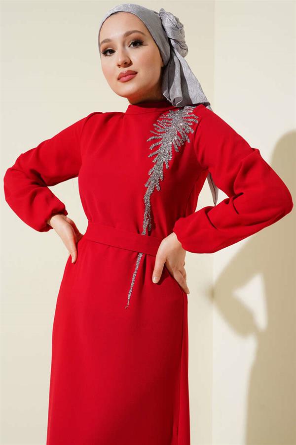 Stone Collar Belted Dress Red