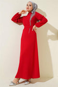 Stone Collar Belted Dress Red