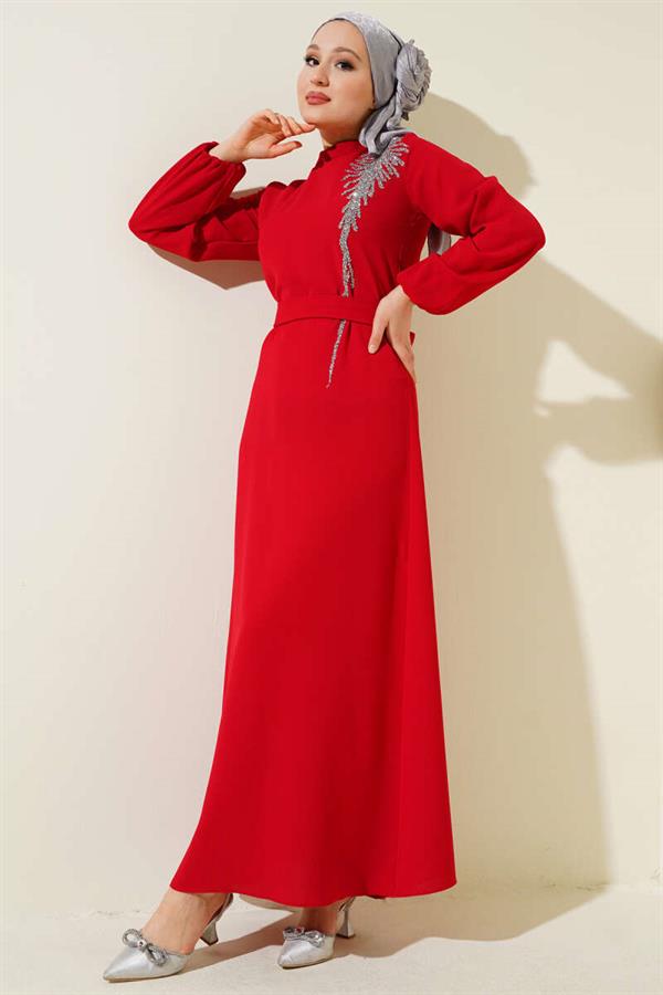 Stone Collar Belted Dress Red