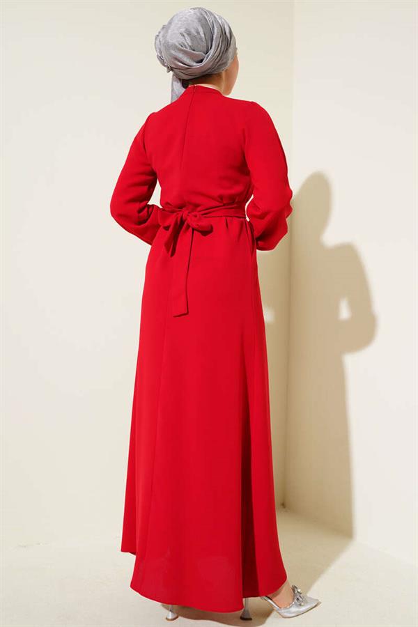 Stone Collar Belted Dress Red