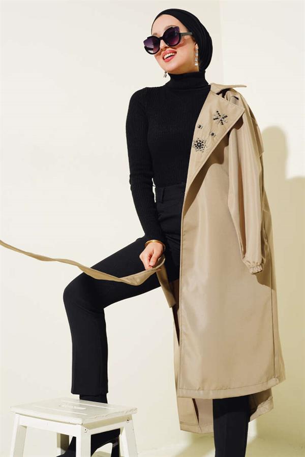 Stone Collar Belted Trench Coat Khaki