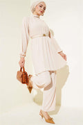 Stone Collar Pleated Tunic 2 Piece Set Beige
