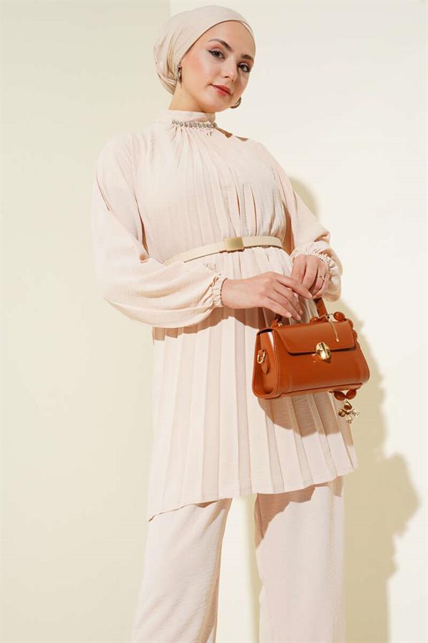 Stone Collar Pleated Tunic 2 Piece Set Beige