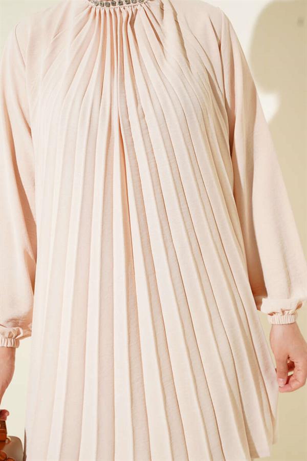 Stone Collar Pleated Tunic 2 Piece Set Beige
