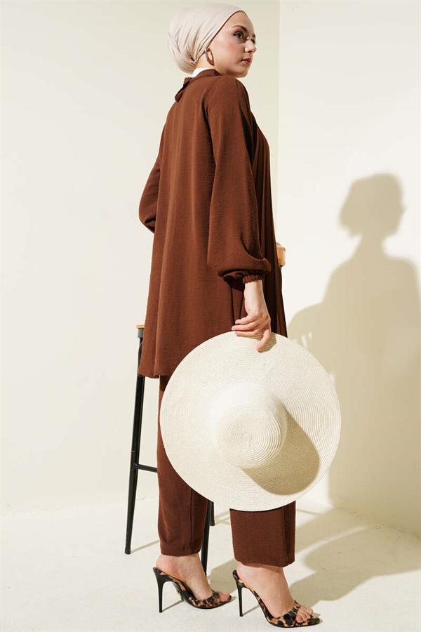 Collar Stone Pleated Tunic 2 Piece Set Brown
