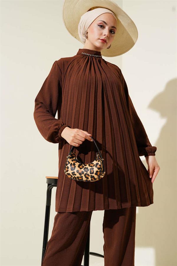 Collar Stone Pleated Tunic 2 Piece Set Brown
