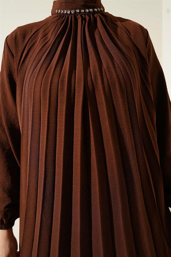 Collar Stone Pleated Tunic 2 Piece Set Brown