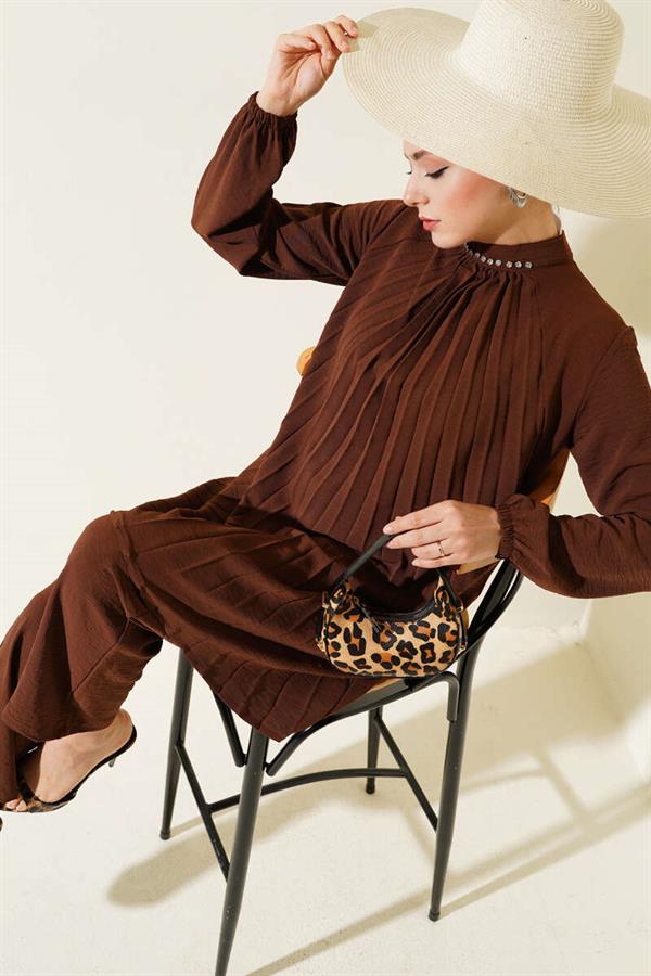Collar Stone Pleated Tunic 2 Piece Set Brown