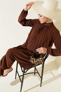 Collar Stone Pleated Tunic 2 Piece Set Brown