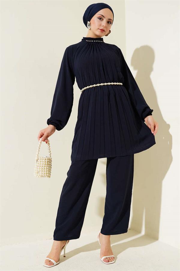Collar Stone Pleated Tunic 2 Piece Set Navy Blue