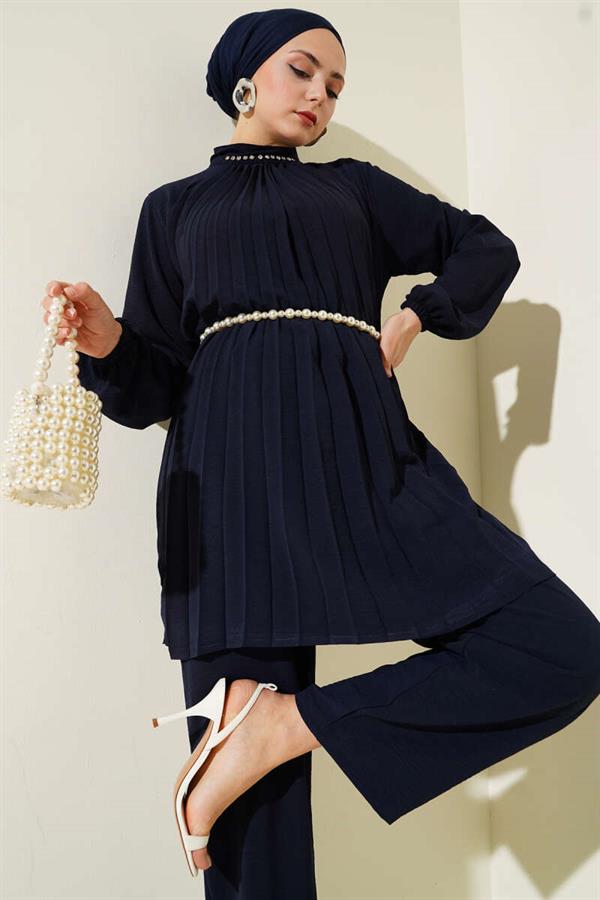 Collar Stone Pleated Tunic 2 Piece Set Navy Blue