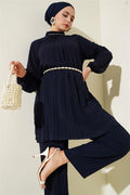 Collar Stone Pleated Tunic 2 Piece Set Navy Blue