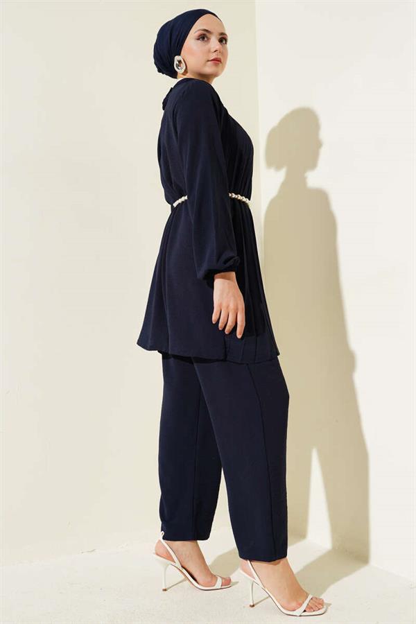 Collar Stone Pleated Tunic 2 Piece Set Navy Blue
