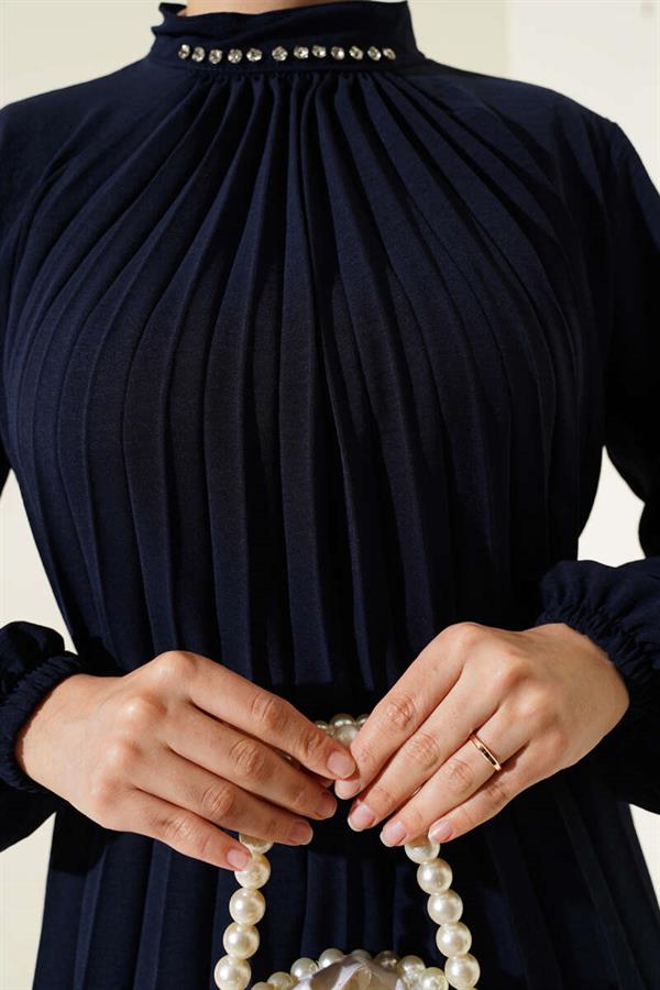 Collar Stone Pleated Tunic 2 Piece Set Navy Blue