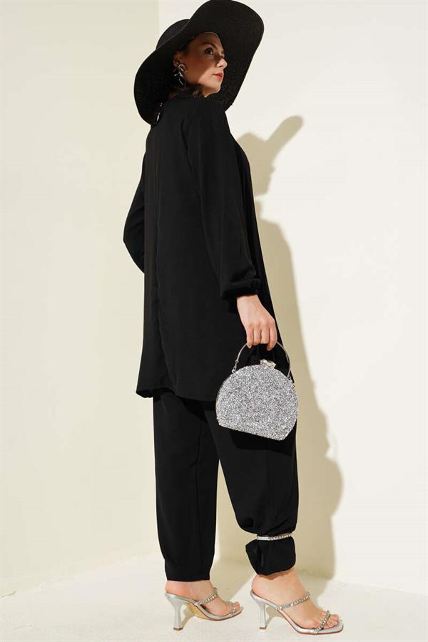 Stone Collar Pleated Tunic 2 Piece Set Black