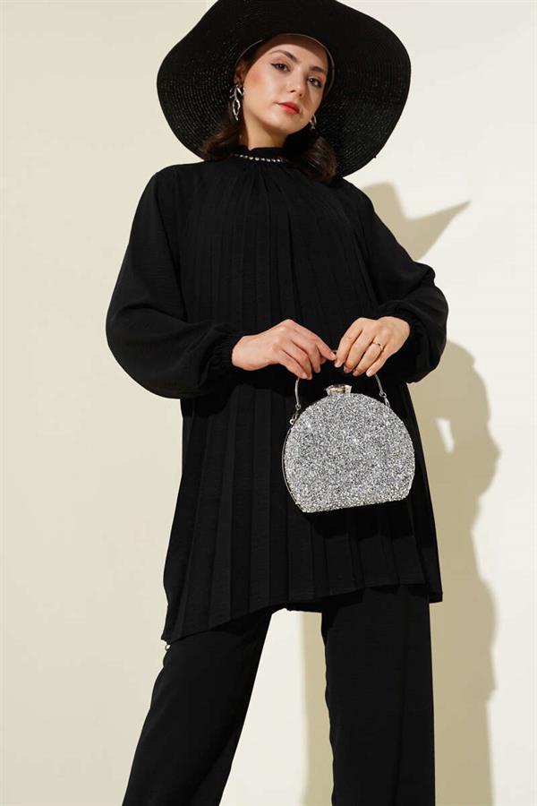 Stone Collar Pleated Tunic 2 Piece Set Black