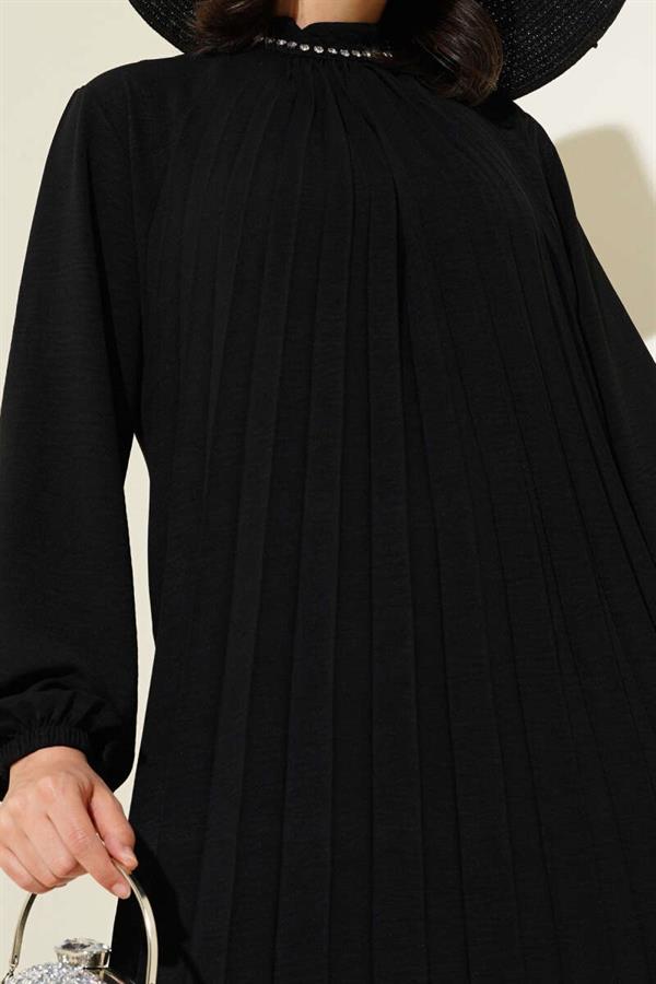 Stone Collar Pleated Tunic 2 Piece Set Black