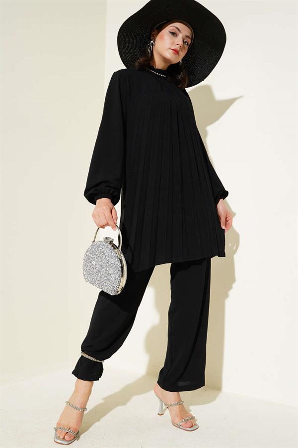 Stone Collar Pleated Tunic 2 Piece Set Black