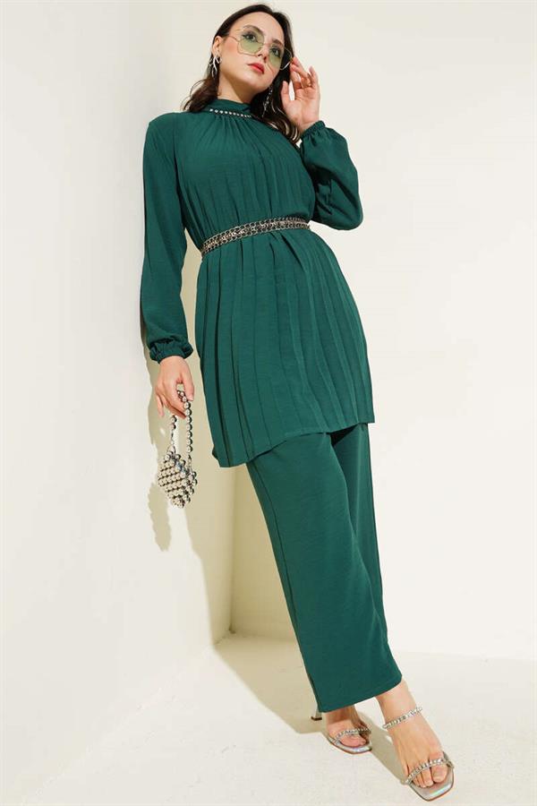 Stone Collar Pleated Tunic 2 Piece Set Emerald Green