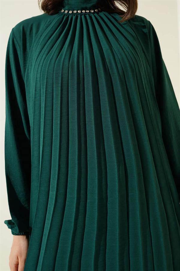 Stone Collar Pleated Tunic 2 Piece Set Emerald Green