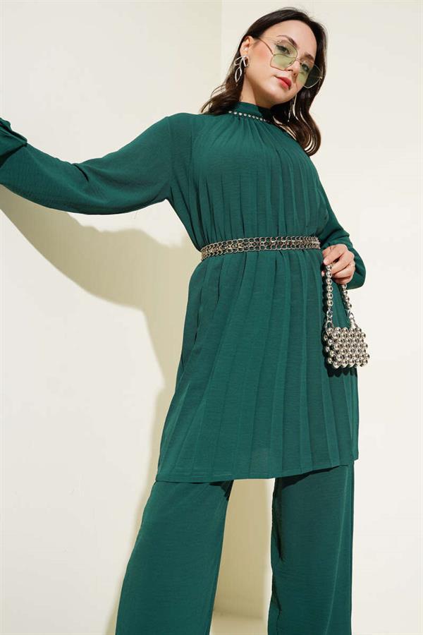 Stone Collar Pleated Tunic 2 Piece Set Emerald Green