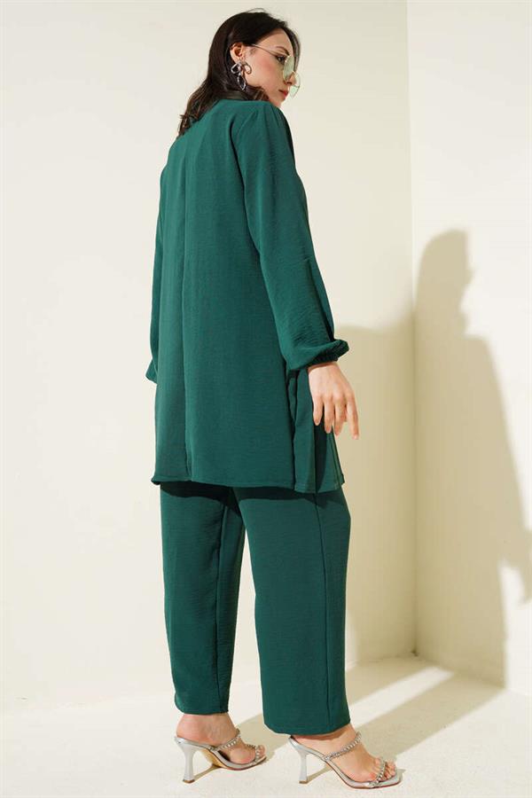 Stone Collar Pleated Tunic 2 Piece Set Emerald Green