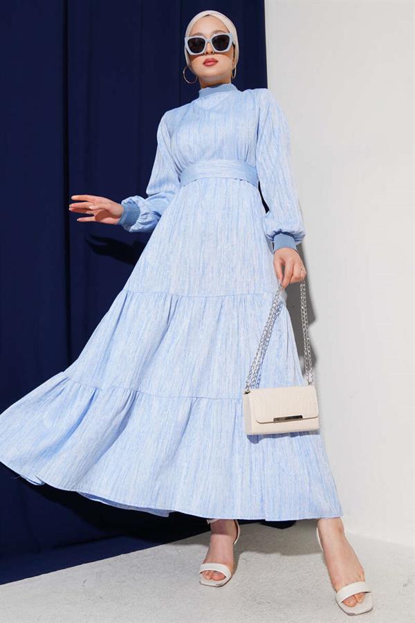 Blue Ribbed Collar and Sleeve Dress