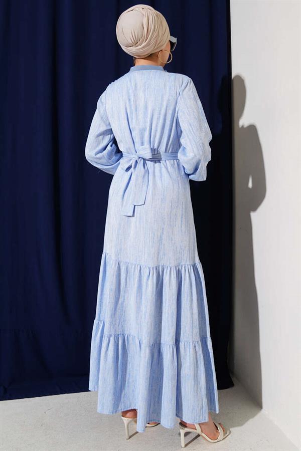 Blue Ribbed Collar and Sleeve Dress