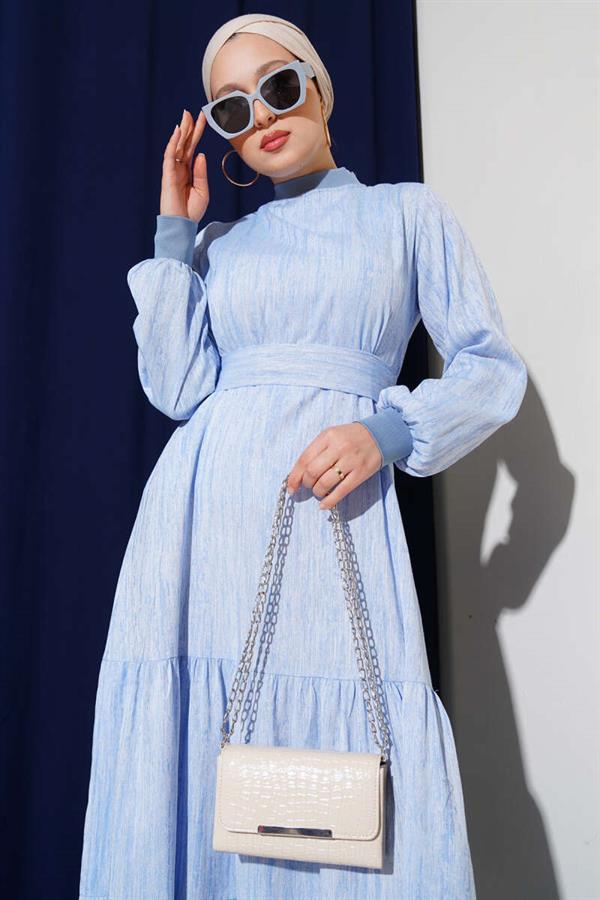 Blue Ribbed Collar and Sleeve Dress