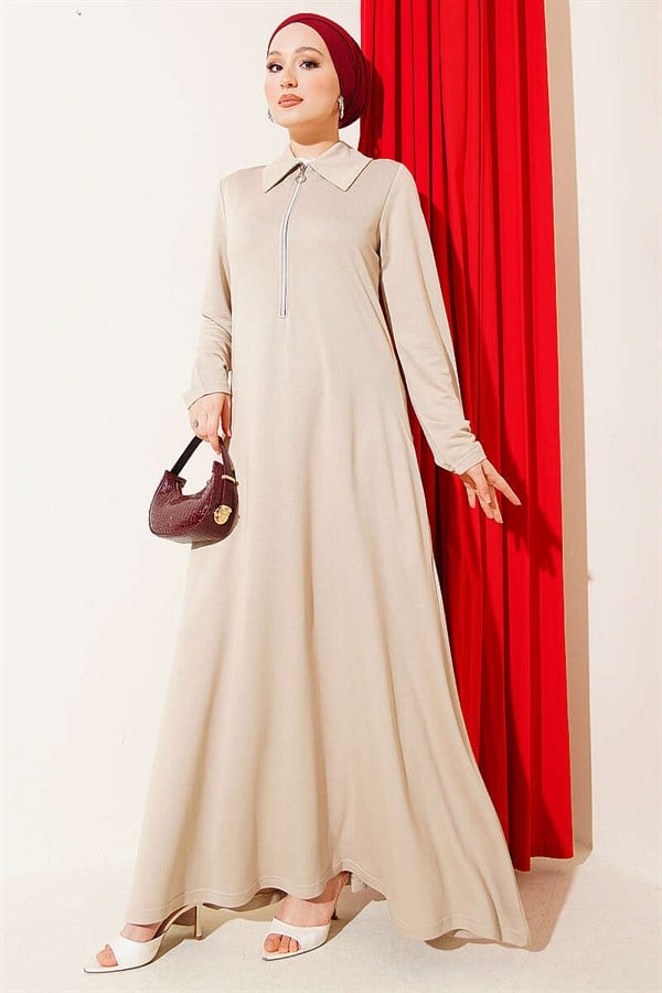 Loisha Dress with Half-Zip Collar, Beige