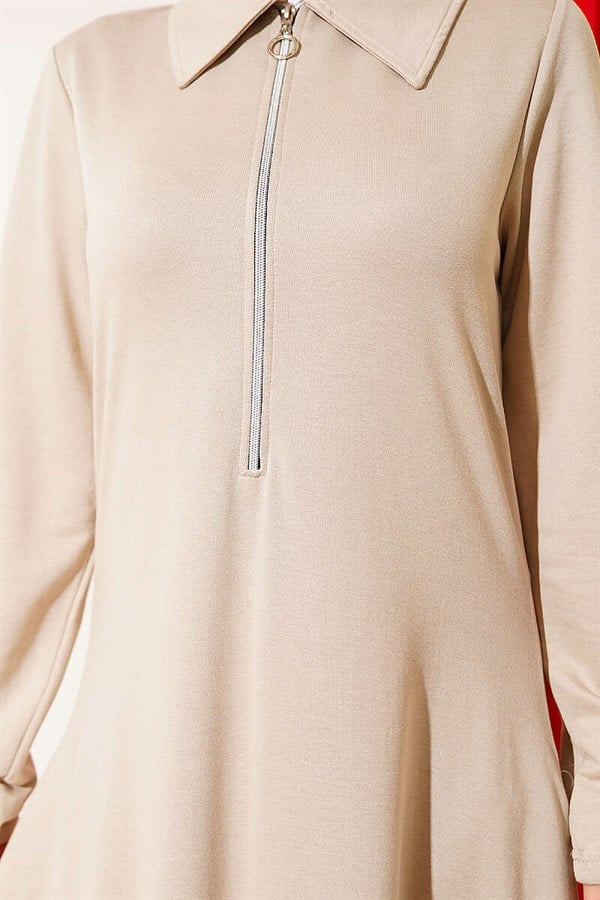 Loisha Dress with Half-Zip Collar, Beige