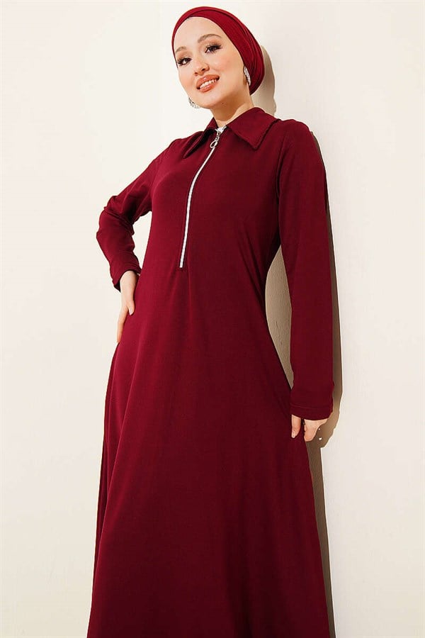 Loisha Dress with Half-Zip Collar, Burgundy
