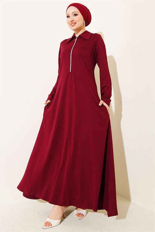 Loisha Dress with Half-Zip Collar, Burgundy